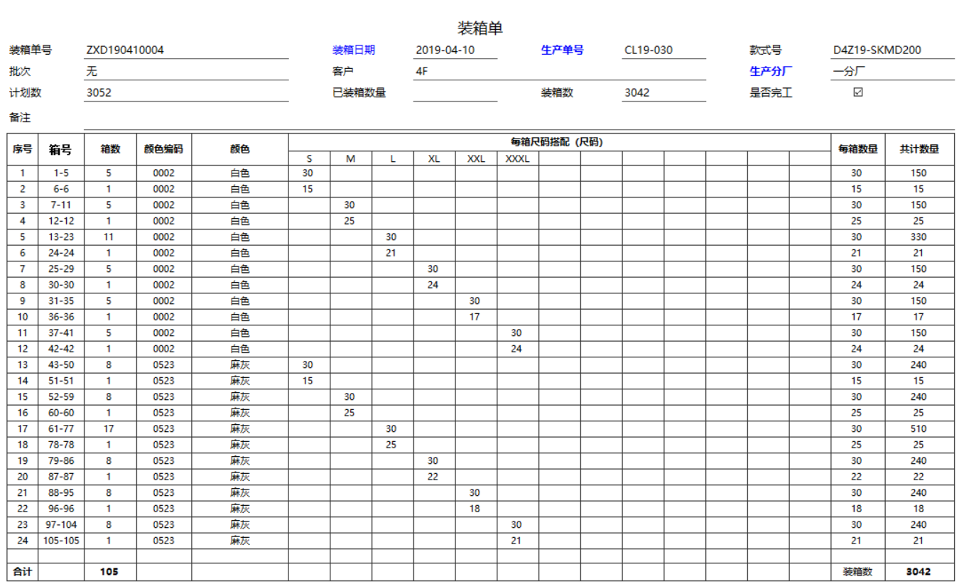 服装ERP管理系统装箱报表（连续箱号合并)